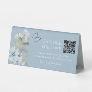 Dusty Blue Floral Wedding Photo Sharing QR Code Table Tent