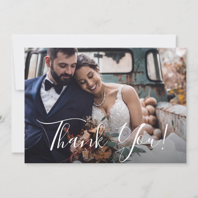 Dusty Blue Floral Wedding Photo Thank You Card (Front)