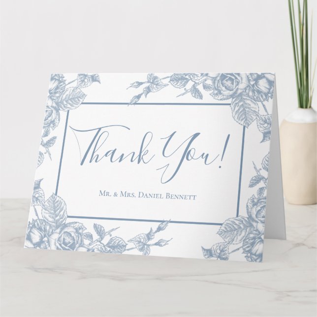 Dusty Blue Floral Wedding Photo Thank You Card (Front)