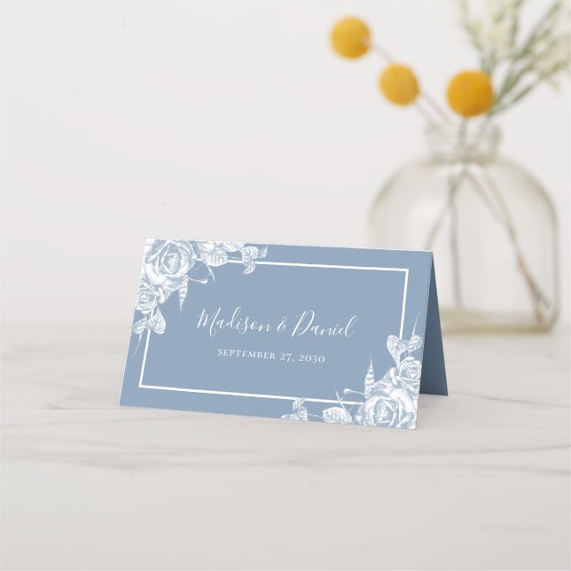 Dusty Blue Floral Wedding Place Card (Back)