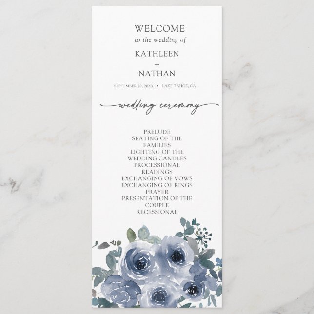  Dusty Blue Floral Wedding Program (Front)