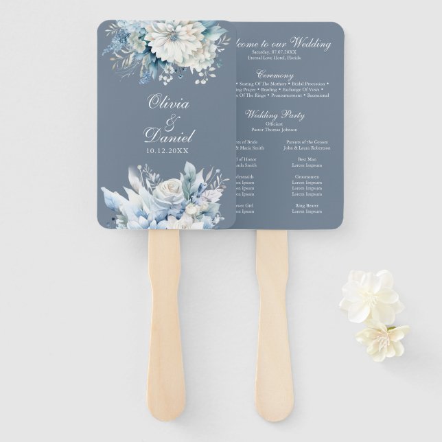 Dusty Blue Floral Wedding Program Hand Fan (Front and Back)