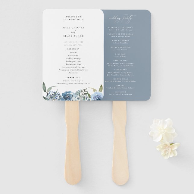 Dusty Blue Floral Wedding Program Hand Fan (Front and Back)