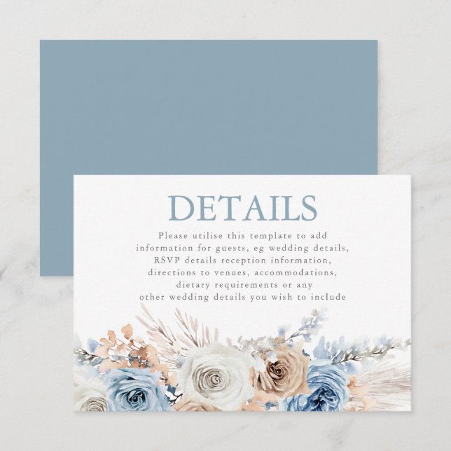 Dusty Blue Floral Wedding Reception Details Enclosure Card (Front/Back)