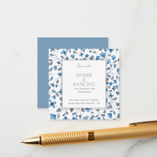 Dusty Blue Floral Wedding Reception Enclosure Card (Front/Back In Situ)