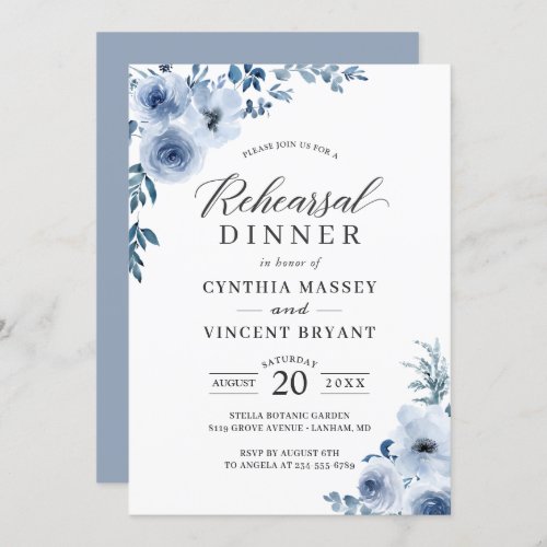 Dusty Blue Floral Wedding Rehearsal Dinner Invitation