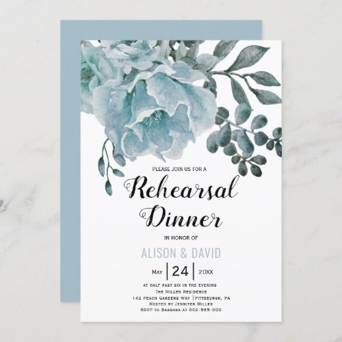 Dusty blue floral wedding rehearsal dinner  invitation