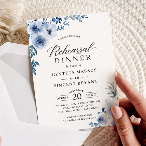 Dusty Blue Floral Wedding Rehearsal Dinner Invitation