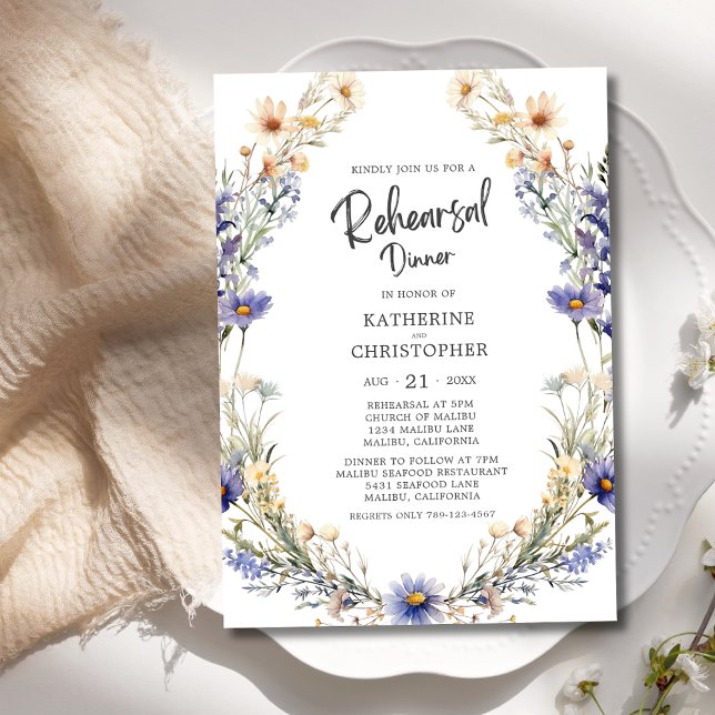 Dusty Blue Floral Wedding Rehearsal Dinner Invitation (Dusty Blue Watercolor Wildflowers Wedding Rehearsal Dinner Invitation with Couple Names, Details.)
