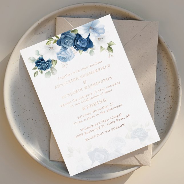 Dusty Blue Floral Wedding Rose Gold Foil Invitation (Dusty Blue Floral Watercolor Rose Gold Foil Typography Wedding Invitation)