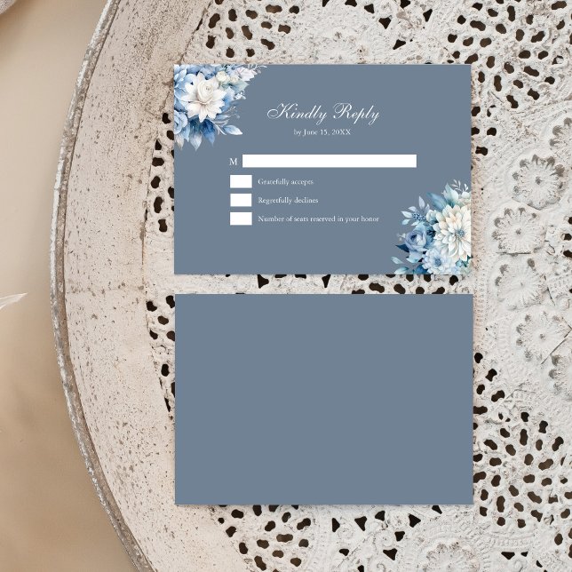 Dusty Blue Floral Wedding RSVP Card (Modern Dusty Blue Wildflowers Wedding RSVP Card on a boho plate.)