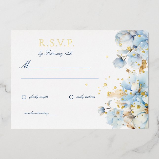 Dusty Blue Floral Wedding RSVP Foil Invitation (Front)