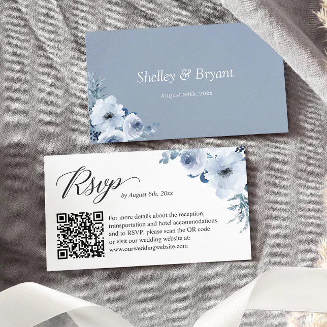 Dusty Blue Floral Wedding RSVP Online QR Code Enclosure Card | Zazzle