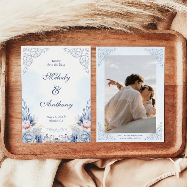 Dusty Blue Floral Wedding Save the Date (Creator Uploaded)