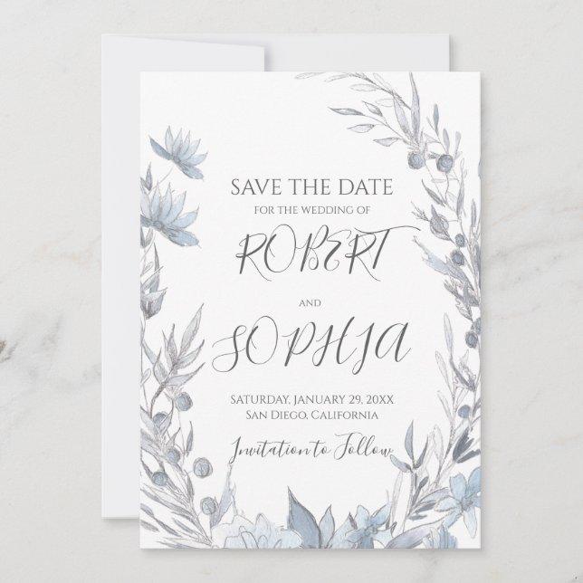 Dusty Blue Floral Wedding Save The Date (Front)