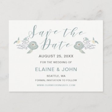 Dusty Blue Floral Wedding Save the Date Announcement Postcard