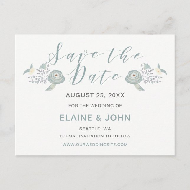 Dusty Blue Floral Wedding Save the Date Announcement Postcard (Front)