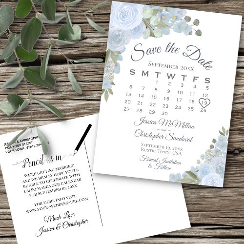 Dusty Blue Floral Wedding Save the Date Calendar Announcement Postcard