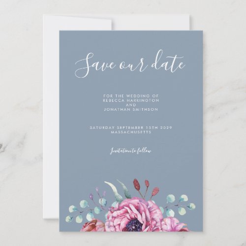 Dusty Blue Floral Wedding Save The Date Card