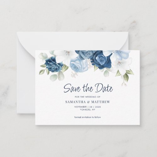 Dusty Blue Floral Wedding Save the Date Note Card
