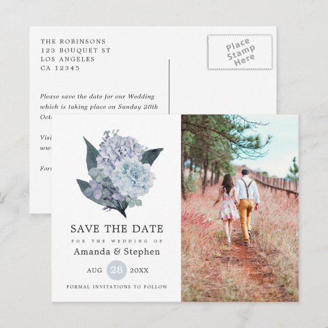 Dusty Blue Floral Wedding Save the Date Postcard (Front/Back)