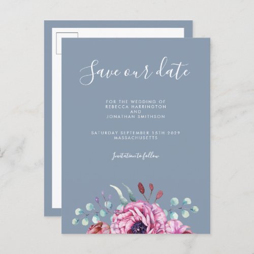 Dusty Blue Floral Wedding Save The Date Postcard