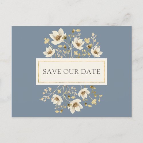 Dusty Blue Floral Wedding Save the Date Postcard