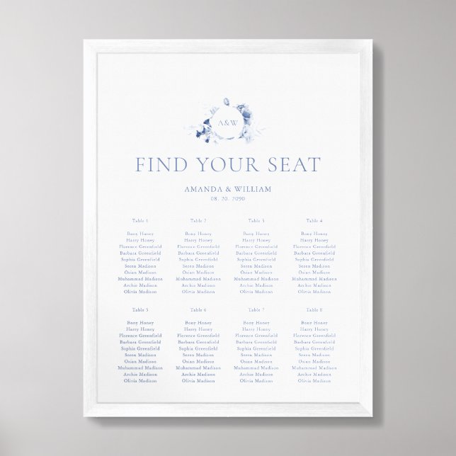 Dusty Blue Floral Wedding Seating Chart (Framed Front)