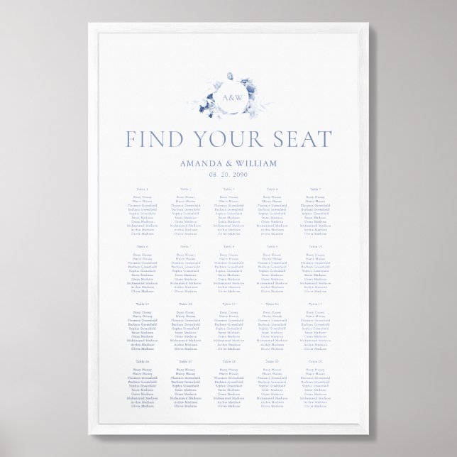 Dusty Blue Floral Wedding Seating Chart (Framed Front)