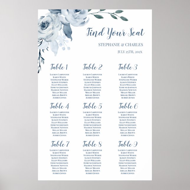 Dusty Blue Floral Wedding Seating Chart (Front)