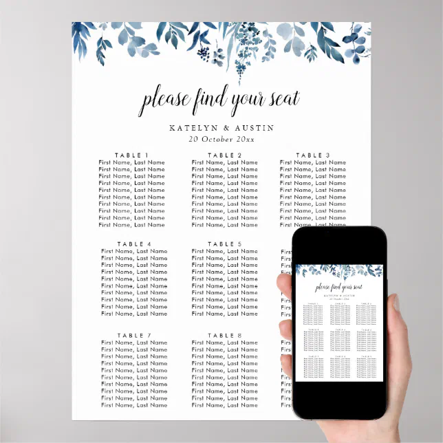 Dusty Blue Floral Wedding Seating Chart | Zazzle