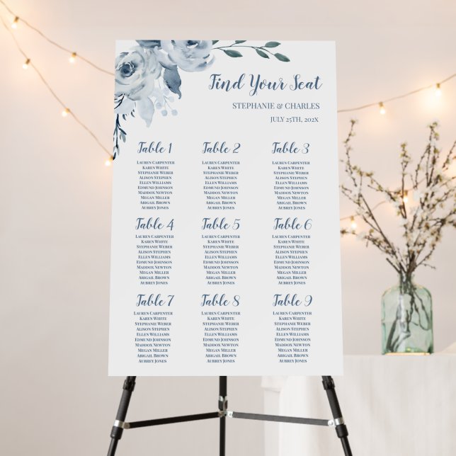 Dusty Blue Floral Wedding Seating Chart Foam Board (In Situ (Stand))
