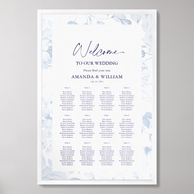 Dusty Blue Floral Wedding Seating Chart Foam Board (Framed Front)