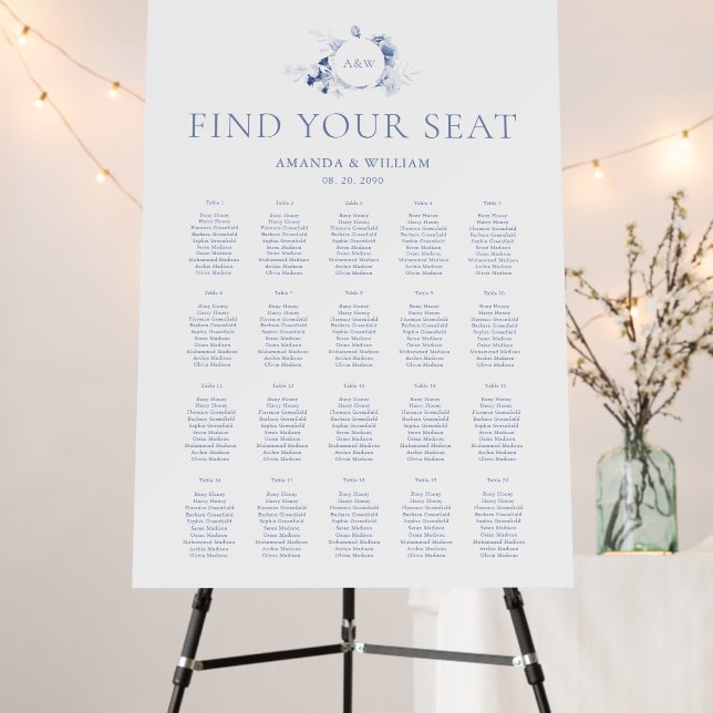 Dusty Blue Floral Wedding Seating Chart Foam Board (In Situ (Stand))