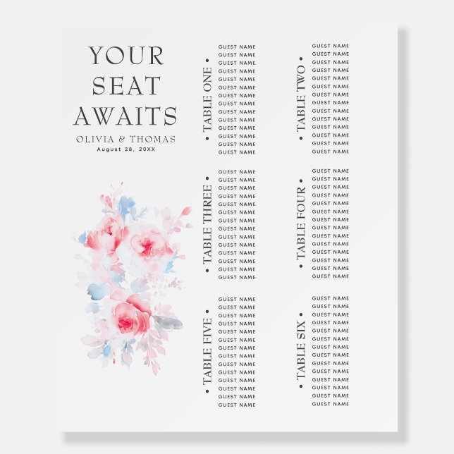 Dusty Blue Floral Wedding Seating Chart Foam Board (Front)