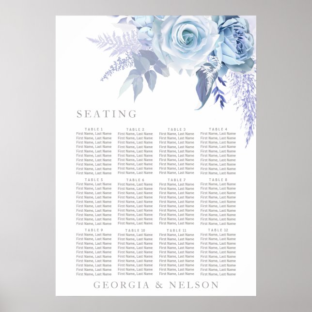 Dusty Blue Floral Wedding Seating Chart Poster (Front)