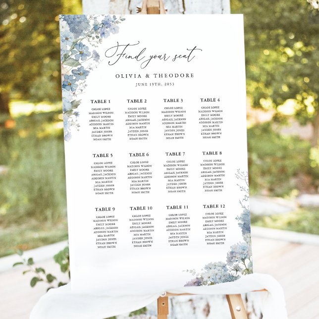 Dusty Blue Floral Wedding Seating Chart Sign (Dusty blue watercolor wedding seating chart sign, floral table layout, elegant reception decor)