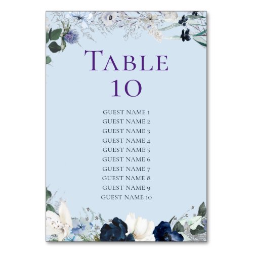Dusty Blue Floral Wedding Seating Chart Table Number