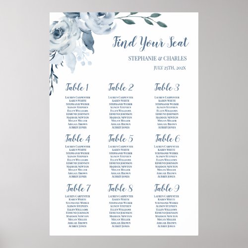 Dusty Blue Floral Wedding Seating sign