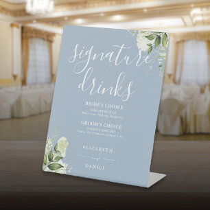 Dusty Blue Floral Wedding Signature Drinks Pedestal Sign