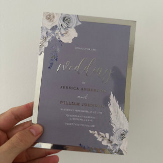 Dusty Blue Floral Wedding Silver Foil Invitation
