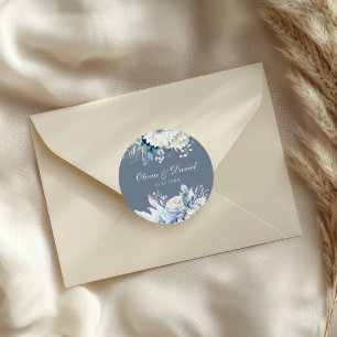Dusty Blue Floral Wedding Sticker Names Date