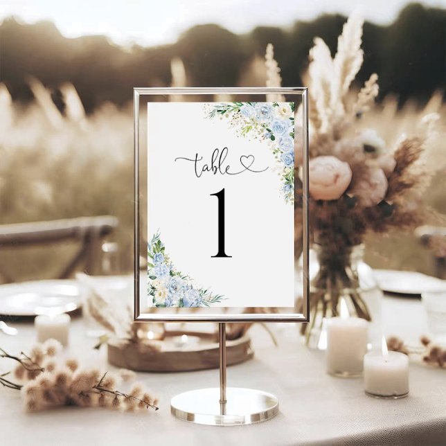 Dusty Blue Floral Wedding Table Number Card (Creator Uploaded)