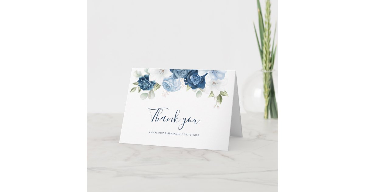 Dusty Blue Floral Wedding Thank You Card | Zazzle