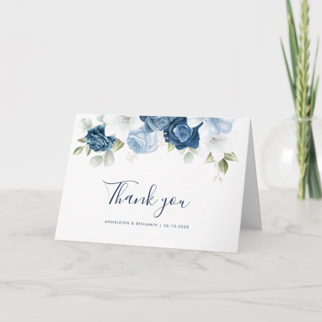 Dusty Blue Floral Wedding Thank You Card (Front)