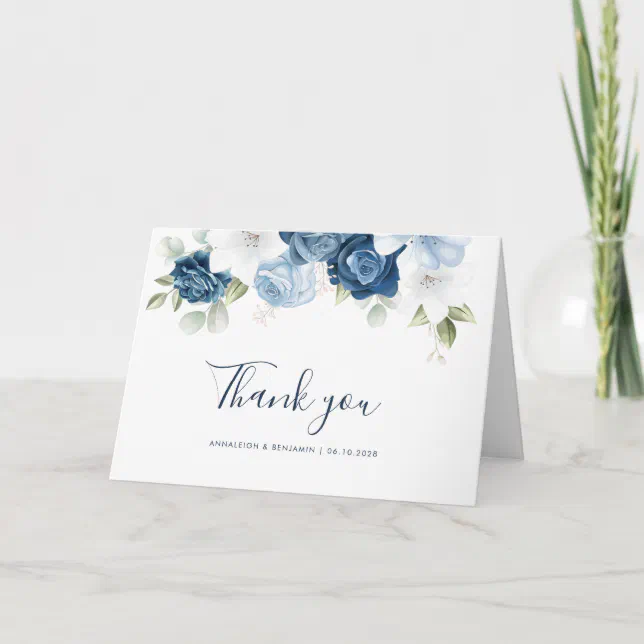 Dusty Blue Floral Wedding Thank You Card | Zazzle