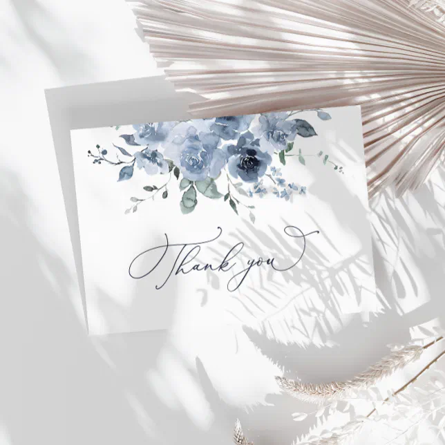 Dusty Blue Floral Wedding Thank You Card | Zazzle