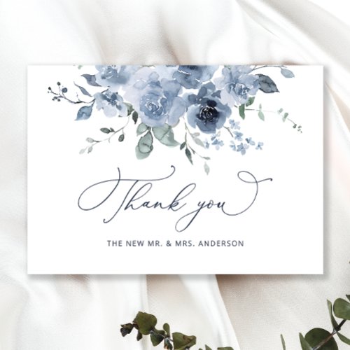 Dusty Blue Floral Wedding Thank You Card