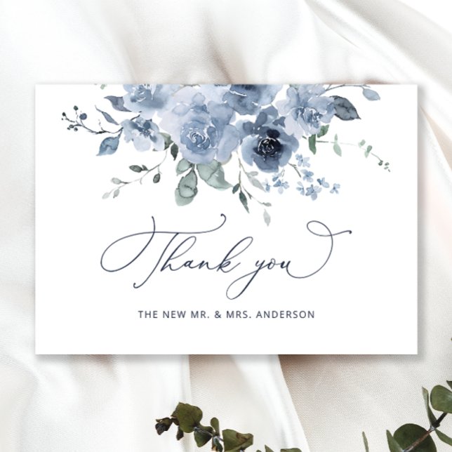 Dusty Blue Floral Wedding Thank You Card (Creator Uploaded)