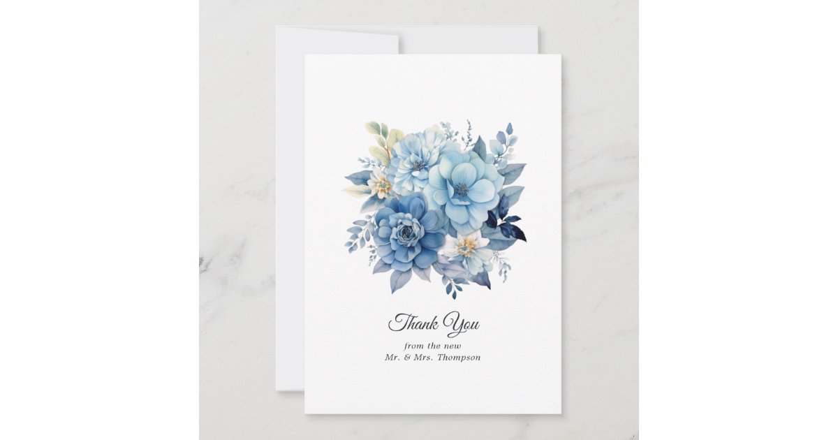 Dusty Blue Floral Wedding Thank You Card | Zazzle